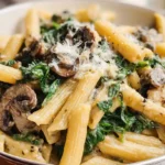 Creamy spinach mushroom pasta skillet with 14 ounces farfalle pasta cooked al dente, 14 ounces sliced mushrooms sautéed golden in 3 tablespoons olive oil with 3 minced garlic cloves, 10 ounces baby spinach wilted through, finished with ½ cup low-sodium vegetable broth, ½ cup grated Parmesan, and Italian seasoning stirred until glossy and creamy