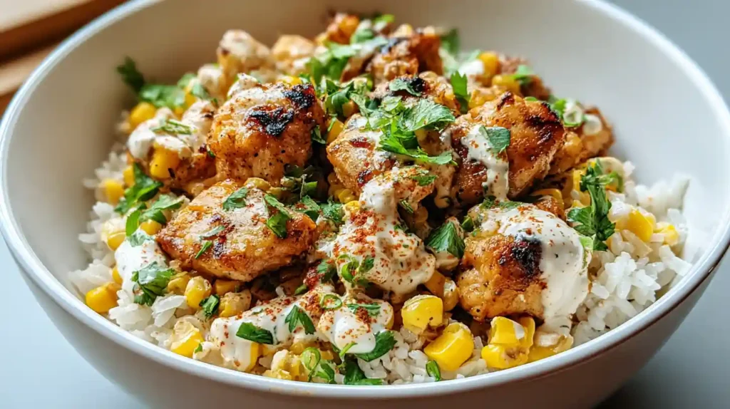 Street corn chicken rice bowl with one and a half pounds chicken breast cubed and seasoned with one teaspoon each garlic powder, smoked paprika, cumin, chili powder, and salt, seared six to eight minutes in avocado oil until golden at 165°F, then honey and lime juice added and cooked five minutes until juices thicken - served over two and a half cups cilantro-lime rice topped with a creamy street corn mixture of four cups charred corn, quarter cup sour cream, two tablespoons mayo, half cup cotija cheese, jalapeño, cilantro, and fresh lime juice