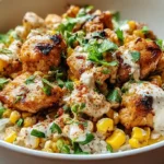 Street corn chicken rice bowl with one and a half pounds chicken breast cubed and seasoned with one teaspoon each garlic powder, smoked paprika, cumin, chili powder, and salt, seared six to eight minutes in avocado oil until golden at 165°F, then honey and lime juice added and cooked five minutes until juices thicken - served over two and a half cups cilantro-lime rice topped with a creamy street corn mixture of four cups charred corn, quarter cup sour cream, two tablespoons mayo, half cup cotija cheese, jalapeño, cilantro, and fresh lime juice