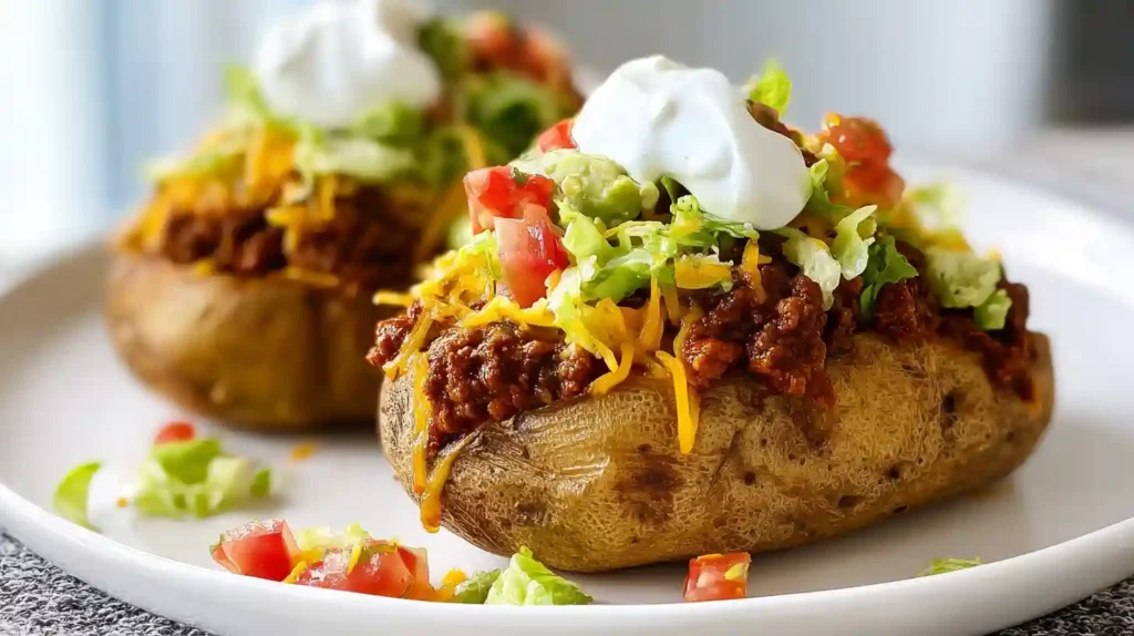 Taco potatoes with two pounds russet potatoes peeled and diced into small cubes, tossed in three to four tablespoons oil with one and a half teaspoons salt, half teaspoon pepper, one teaspoon garlic powder, and one teaspoon onion powder, air fried at 400°F for 18-20 minutes shaking the basket two to three times until golden and crispy, then layered with one pound ground beef browned and simmered with one packet taco seasoning, topped with shredded Mexican cheese, pico de gallo, guacamole, and sour cream