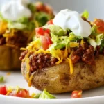 Taco potatoes with two pounds russet potatoes peeled and diced into small cubes, tossed in three to four tablespoons oil with one and a half teaspoons salt, half teaspoon pepper, one teaspoon garlic powder, and one teaspoon onion powder, air fried at 400°F for 18-20 minutes shaking the basket two to three times until golden and crispy, then layered with one pound ground beef browned and simmered with one packet taco seasoning, topped with shredded Mexican cheese, pico de gallo, guacamole, and sour cream