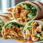 Thai peanut chicken wraps with creamy peanut sauce of quarter cup natural peanut butter 2 tablespoons coconut aminos 1 tablespoon rice vinegar 1 teaspoon grated ginger 1 teaspoon honey 2-3 tablespoons warm water whisked smooth, 2 grilled chicken breasts sliced thin layered large spinach tortillas with shredded carrots red cabbage bell pepper strips fresh spinach cilantro green onions chopped peanuts, sauce drizzled rolled tight cut diagonal served extra sauce dipping