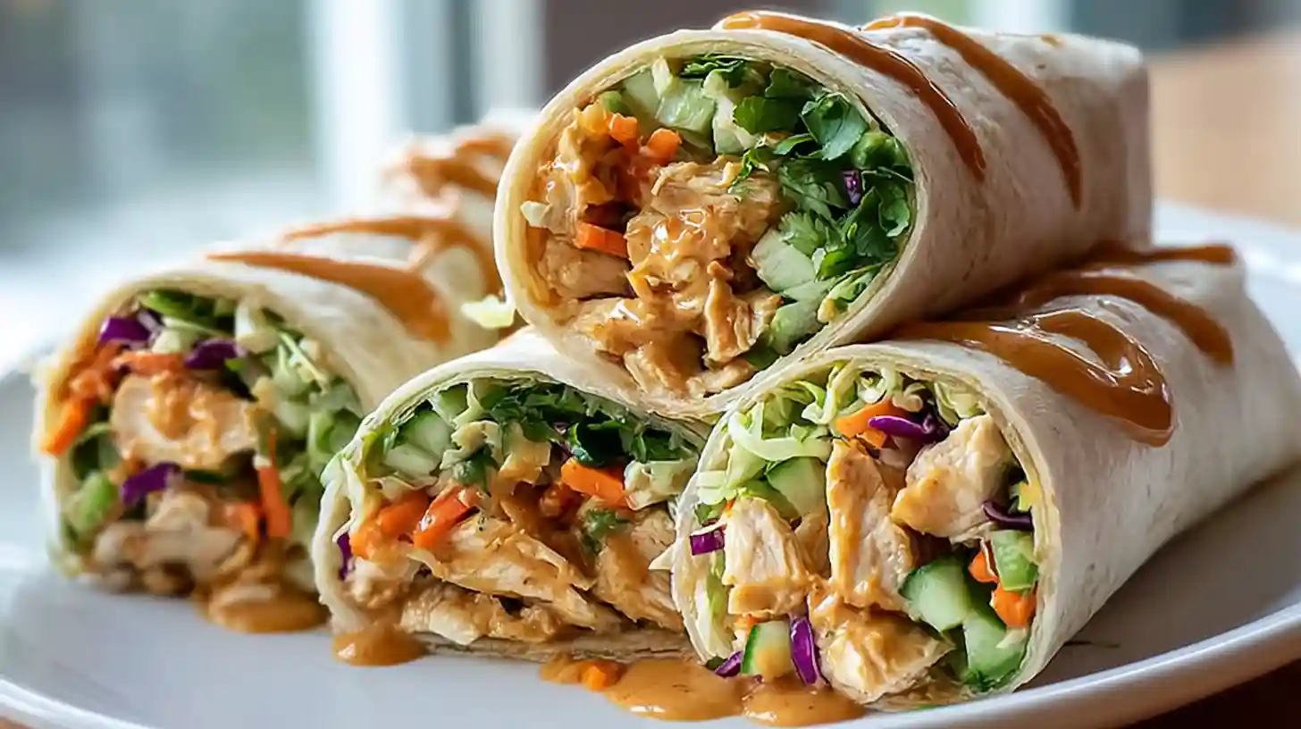 Thai peanut chicken wraps with creamy peanut sauce of quarter cup natural peanut butter 2 tablespoons coconut aminos 1 tablespoon rice vinegar 1 teaspoon grated ginger 1 teaspoon honey 2-3 tablespoons warm water whisked smooth, 2 grilled chicken breasts sliced thin layered large spinach tortillas with shredded carrots red cabbage bell pepper strips fresh spinach cilantro green onions chopped peanuts, sauce drizzled rolled tight cut diagonal served extra sauce dipping