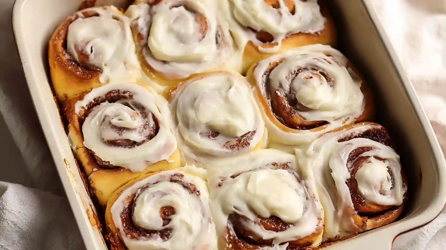 The best cinnamon rolls ever with pillowy soft bread flour dough, dark brown sugar cinnamon filling, softened butter swirl, and luscious tangy cream cheese frosting baked at 350°F in 9x13 pan until golden and gooey