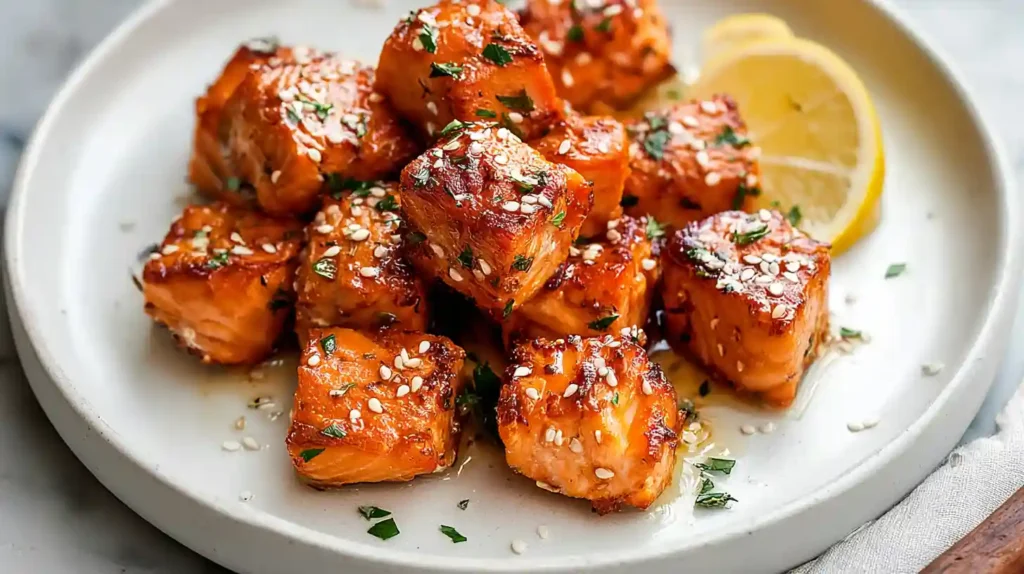 Air Fryer Salmon Bites with honey garlic glaze or lemon pepper seasoning crispy outside tender inside served over rice with broccoli