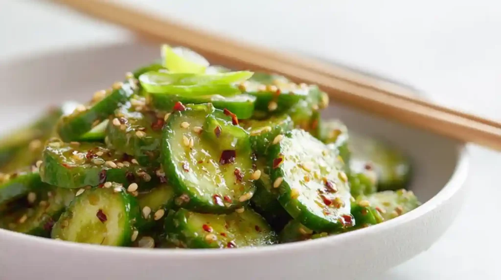 Asian Cucumber Salad with thinly smashed cucumbers rice vinegar sesame oil soy sauce garlic chili oil toasted sesame seeds and fresh cilantro