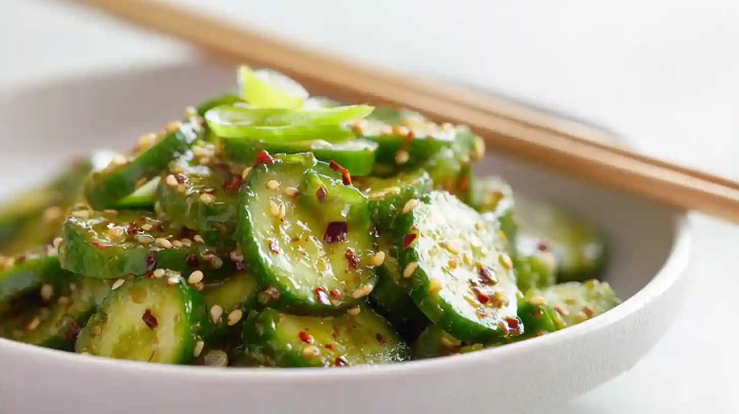 Asian Cucumber Salad with thinly smashed cucumbers rice vinegar sesame oil soy sauce garlic chili oil toasted sesame seeds and fresh cilantro