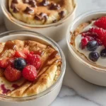 Baked protein pancake bowls golden and fluffy in oven-safe glass ramekins topped with fresh mixed berries, Greek yogurt, and a drizzle of maple syrup