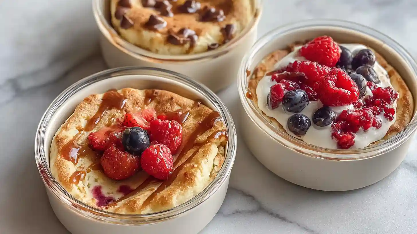 Baked protein pancake bowls golden and fluffy in oven-safe glass ramekins topped with fresh mixed berries, Greek yogurt, and a drizzle of maple syrup