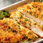 Juicy baked ranch chicken breasts golden and crispy fresh out of the oven in a baking dish