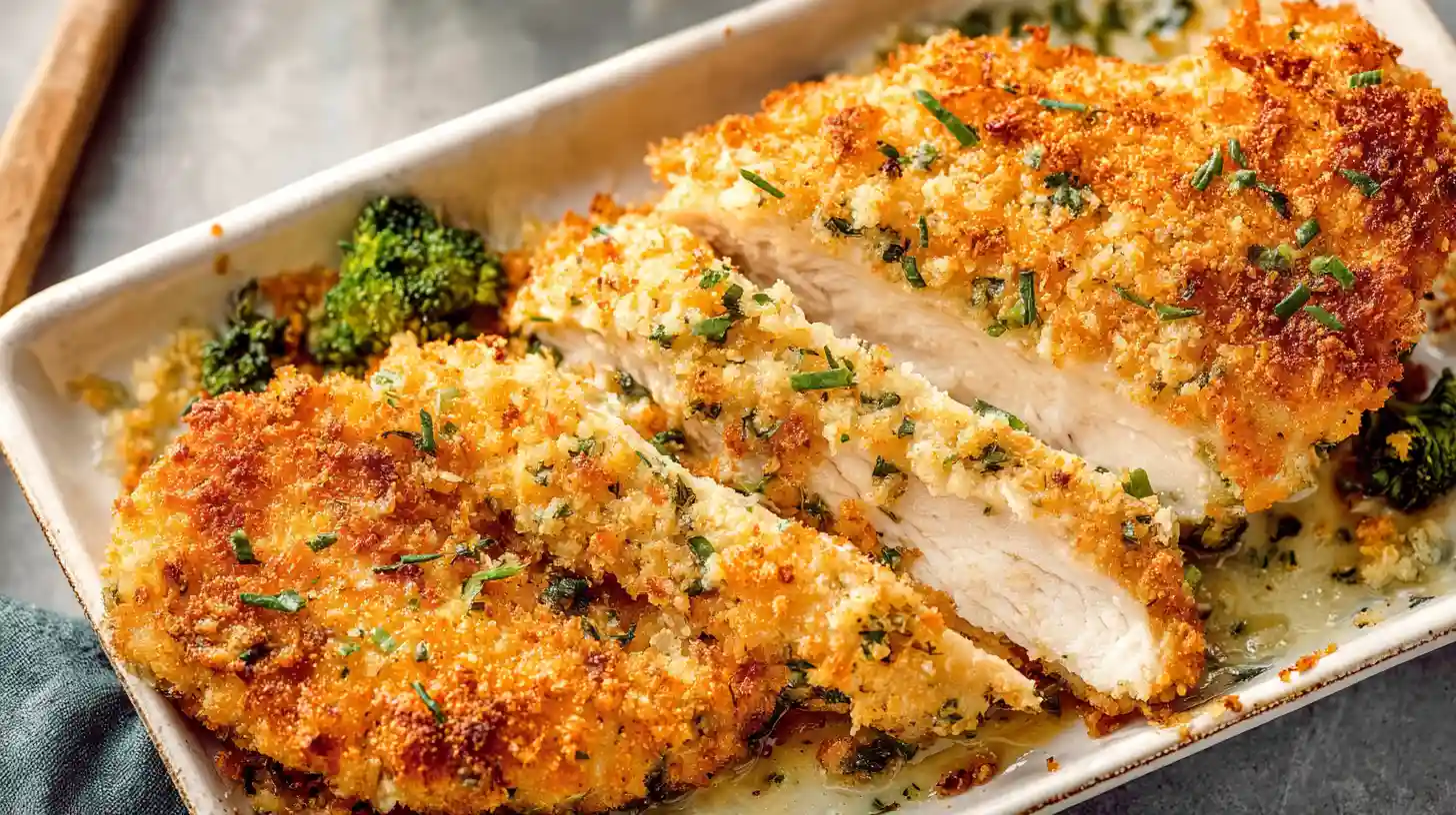Juicy baked ranch chicken breasts golden and crispy fresh out of the oven in a baking dish
