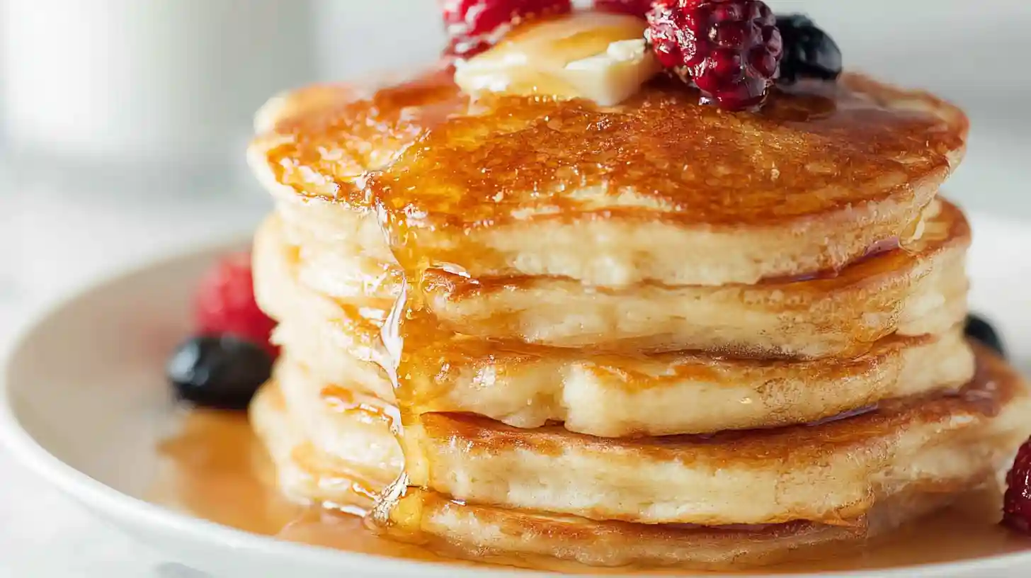 Best fluffy pancakes stack golden brown thick buttermilk pancakes with melting butter dripping maple syrup and fresh berries