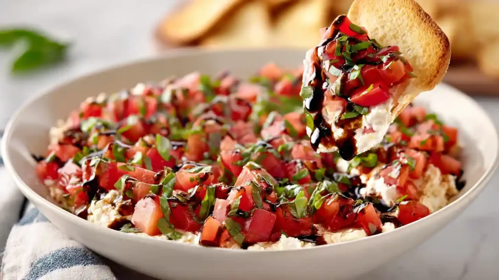 Creamy bruschetta dip with fresh diced tomatoes, basil, balsamic glaze, and garlic piled over a smooth whipped cream cheese base served with golden crostini