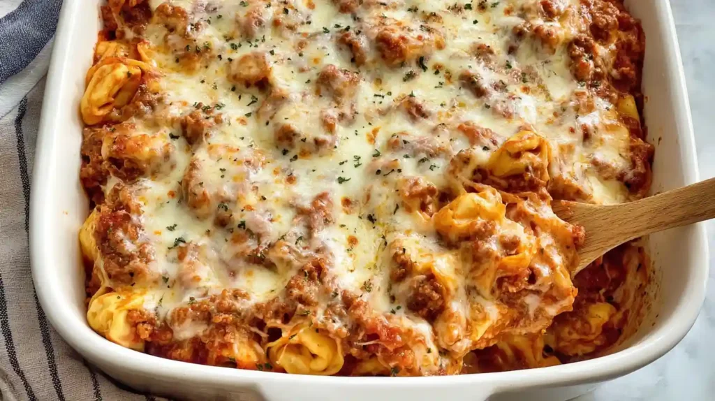 Cheesy baked tortellini casserole with hearty meat sauce bubbling hot fresh out of the oven in a white baking dish