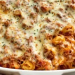 Cheesy baked tortellini casserole with hearty meat sauce bubbling hot fresh out of the oven in a white baking dish