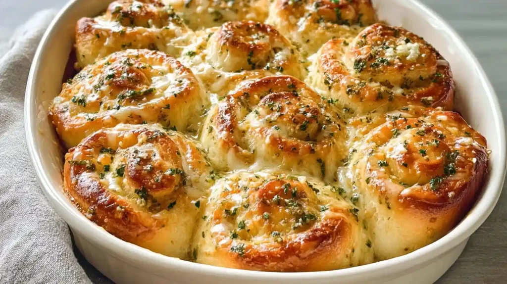 Soft fluffy Cheesy Garlic Rolls with melted mozzarella cheddar parmesan garlic butter herbs and golden brown pull-apart swirl tops