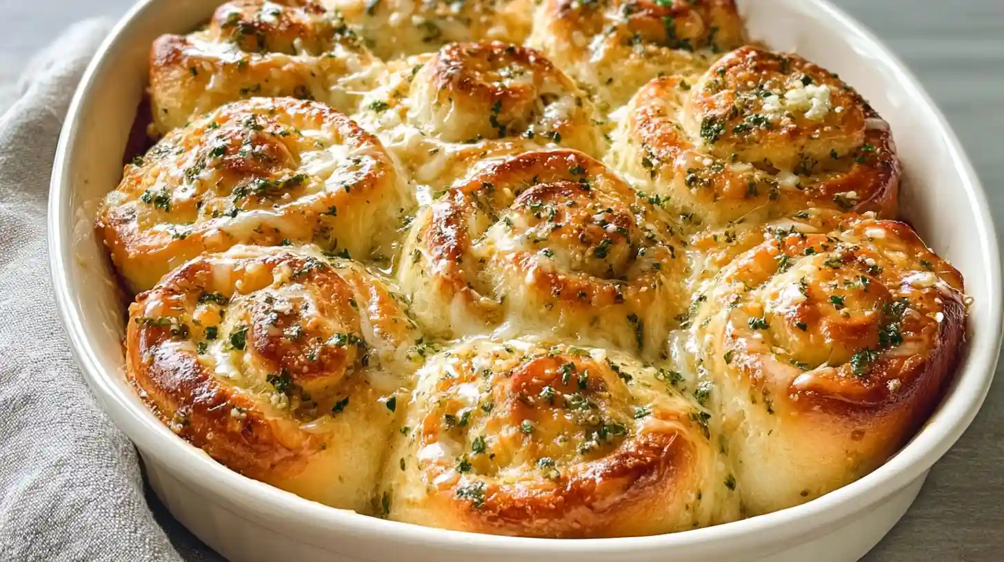 Soft fluffy Cheesy Garlic Rolls with melted mozzarella cheddar parmesan garlic butter herbs and golden brown pull-apart swirl tops