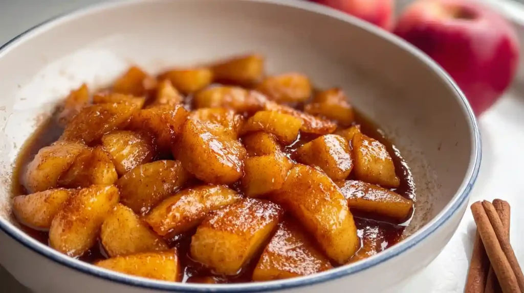 Warm cinnamon fried apples with brown sugar glaze in a cast iron skillet served as a fall dessert