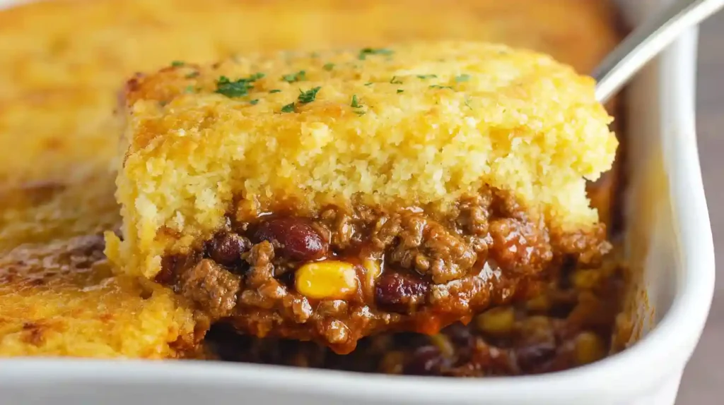 Cowboy cornbread casserole with seasoned ground beef, beans, and golden cornbread topping in a cast iron skillet