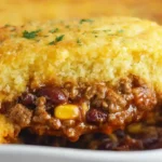 Cowboy cornbread casserole with seasoned ground beef, beans, and golden cornbread topping in a cast iron skillet
