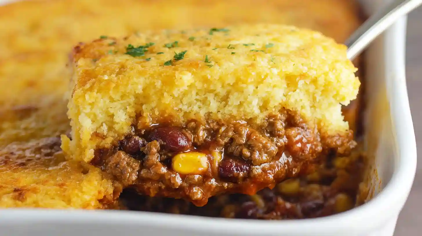 Cowboy cornbread casserole with seasoned ground beef, beans, and golden cornbread topping in a cast iron skillet