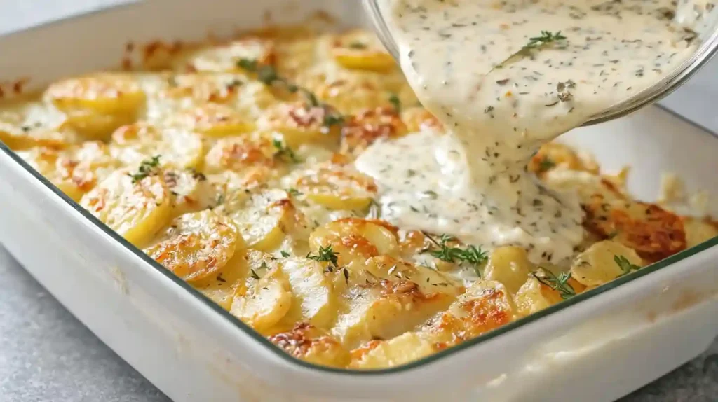 Creamy Parmesan oven-baked potatoes with crispy golden cheese crust buttery soft center garlic oregano and fresh herbs