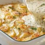 Creamy Parmesan oven-baked potatoes with crispy golden cheese crust buttery soft center garlic oregano and fresh herbs