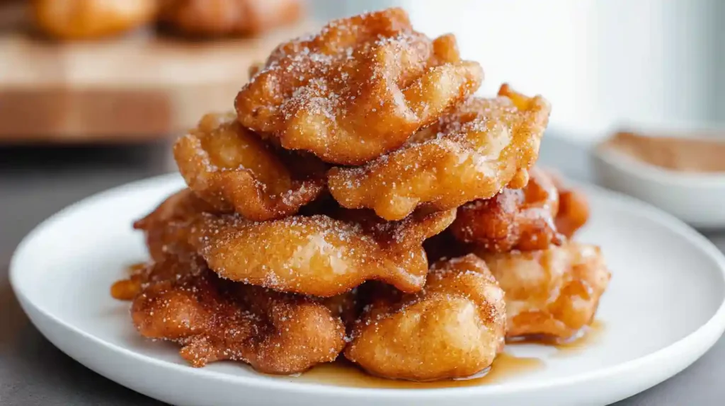 Easy buñuelos recipe with crispy fried dough coated in cinnamon sugar stacked on a plate