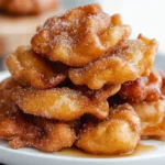 Easy buñuelos recipe with crispy fried dough coated in cinnamon sugar stacked on a plate