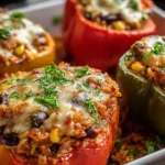 Easy Vegetarian Stuffed Bell Peppers with Rice black beans corn cheese melted cheddar and fresh cilantro baked golden