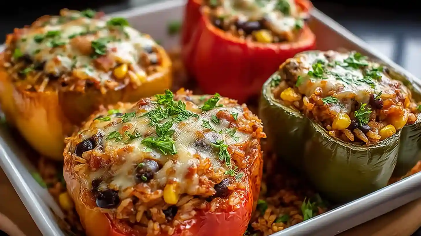 Easy Vegetarian Stuffed Bell Peppers with Rice black beans corn cheese melted cheddar and fresh cilantro baked golden