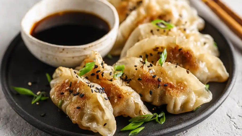 Crispy golden Frozen Dumplings in Air Fryer potstickers gyoza cooked at 375°F for 8 minutes with oil spray soy sauce and fresh green onions