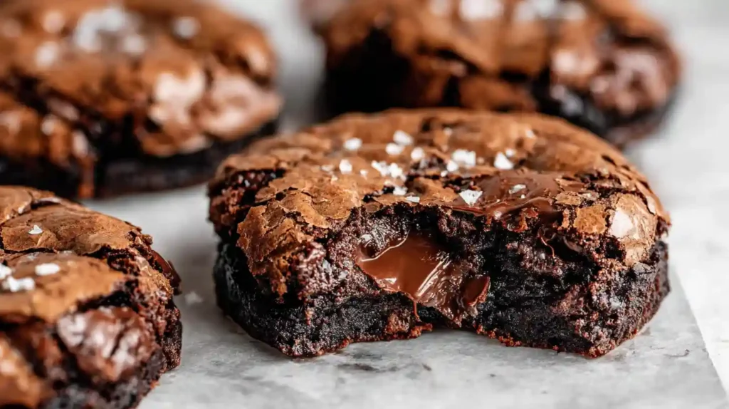 Fudgy Chewy Browkies with rich dark chocolate brownie layer chewy chocolate chip cookie layer melted chocolate chunks and flaky sea salt