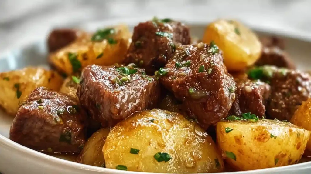 Garlic butter beef bites and potatoes sizzling in a cast iron skillet with golden crispy baby potatoes, herb butter glaze, and fresh parsley