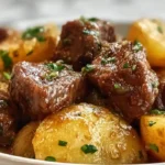 Garlic butter beef bites and potatoes sizzling in a cast iron skillet with golden crispy baby potatoes, herb butter glaze, and fresh parsley