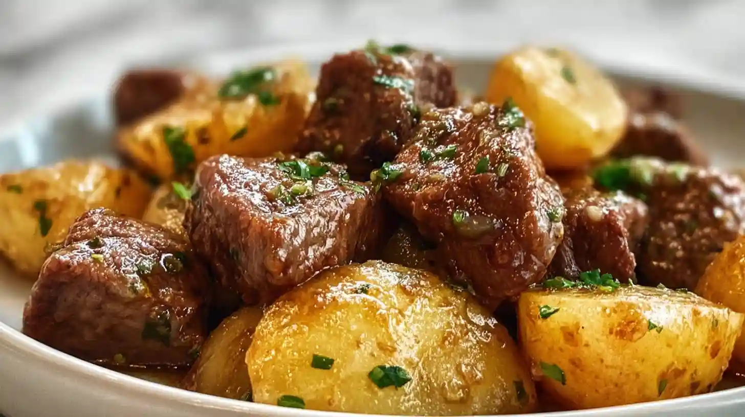 Garlic butter beef bites and potatoes sizzling in a cast iron skillet with golden crispy baby potatoes, herb butter glaze, and fresh parsley