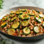 Ground turkey and zucchini skillet with seasoned turkey crumbles, tender zucchini slices, cherry tomatoes, and fresh herbs in a large cast iron pan