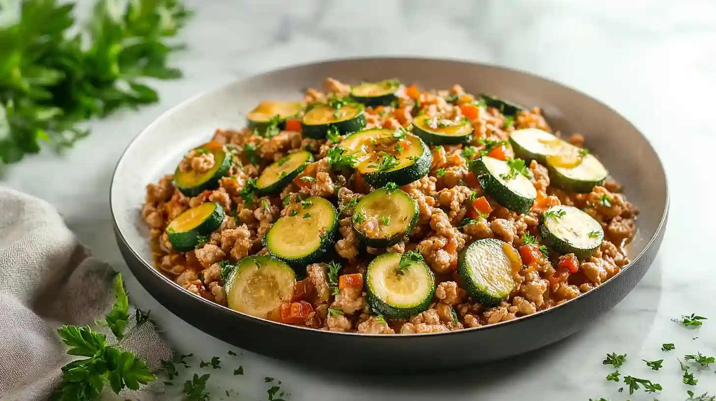 Ground turkey and zucchini skillet with seasoned turkey crumbles, tender zucchini slices, cherry tomatoes, and fresh herbs in a large cast iron pan