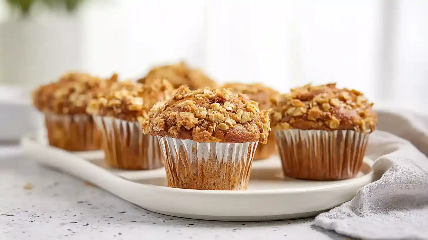 Healthy banana oatmeal muffins golden and moist topped with rolled oats and dark chocolate chips cooling on a wire rack next to fresh ripe bananas
