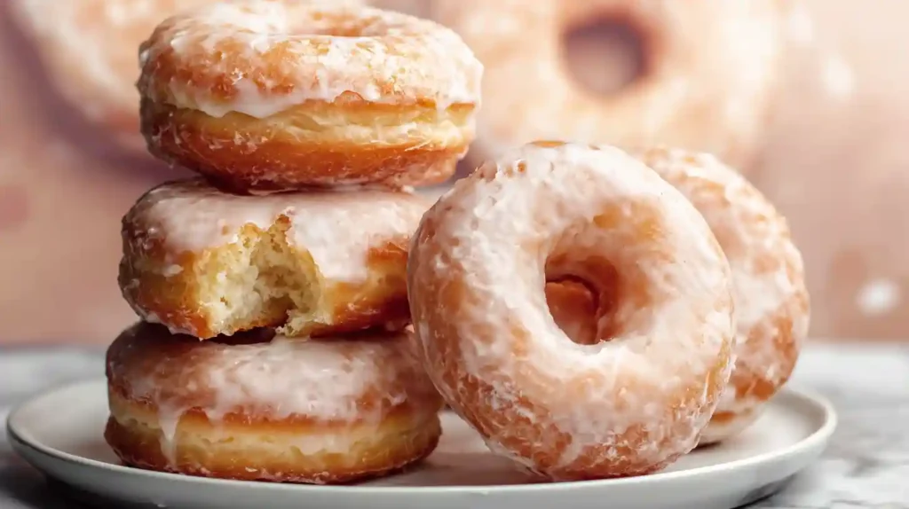 Homemade glazed donuts golden and pillowy soft cooling on a wire rack with a thin shiny vanilla glaze dripping down their sides
