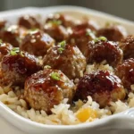 Honey garlic meatball rice bake with sticky glazed meatballs nestled over fluffy jasmine rice with colorful bell peppers and peas in a golden casserole dish