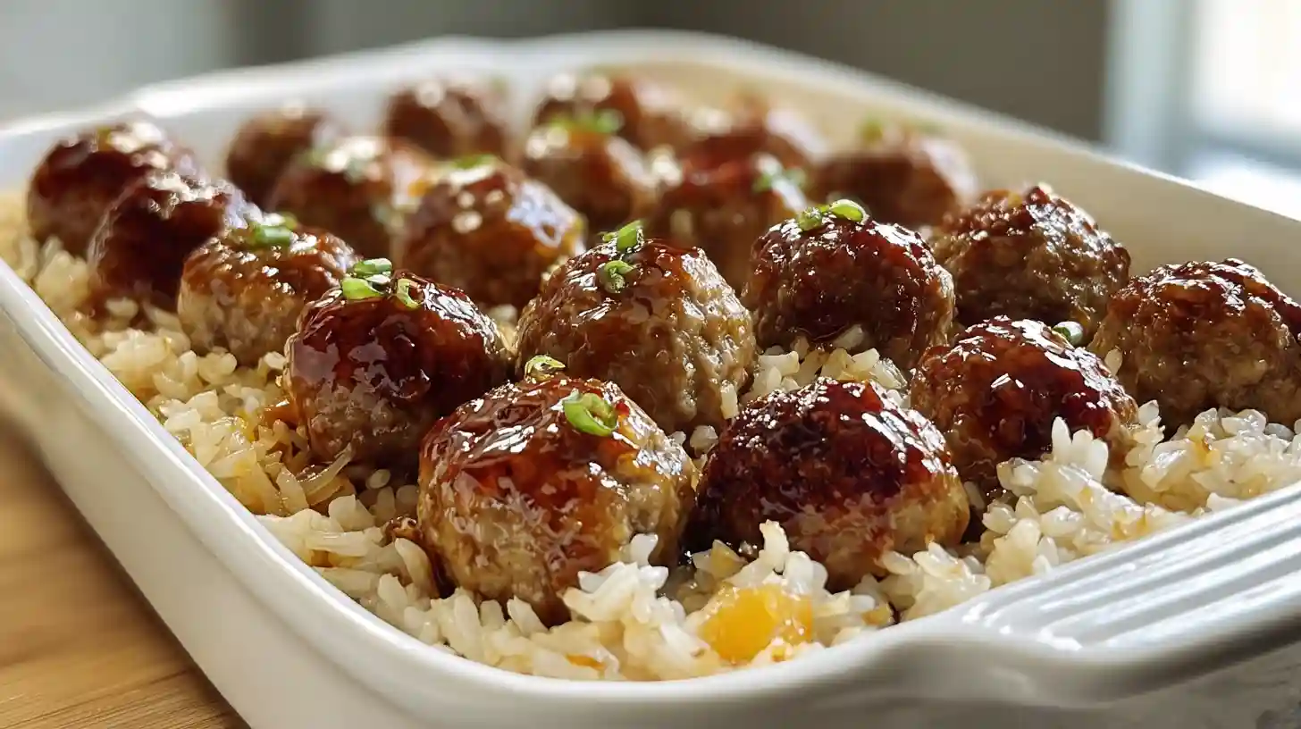 Honey garlic meatball rice bake with sticky glazed meatballs nestled over fluffy jasmine rice with colorful bell peppers and peas in a golden casserole dish