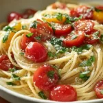 Ina Garten Summer Garden Pasta with marinated cherry tomatoes fresh basil julienned olive oil and Parmesan cheese on angel hair pasta