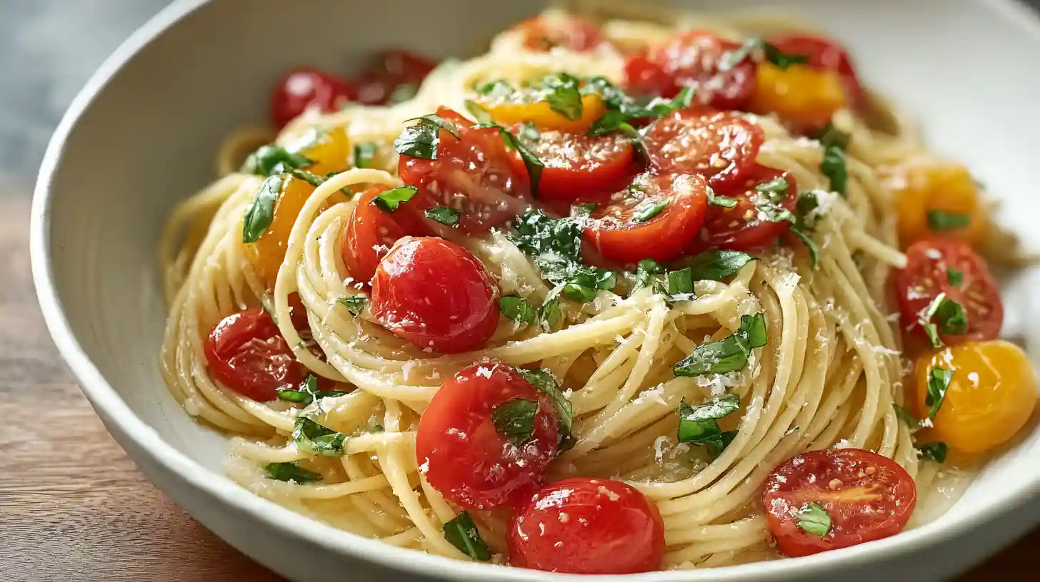Ina Garten Summer Garden Pasta with marinated cherry tomatoes fresh basil julienned olive oil and Parmesan cheese on angel hair pasta