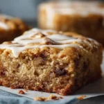 Moist Banana Bread Blondies with overripe bananas brown butter brown sugar chocolate chip streaks and caramel glaze cut into fudgy bars