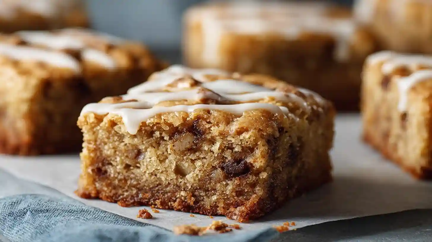Moist Banana Bread Blondies with overripe bananas brown butter brown sugar chocolate chip streaks and caramel glaze cut into fudgy bars