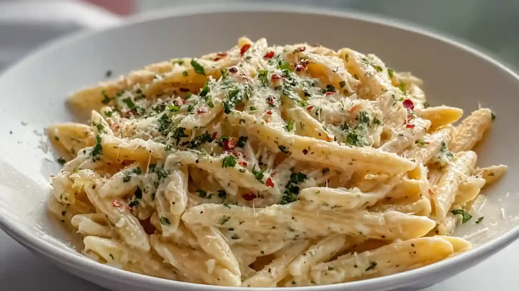 One pot creamy garlic pasta with Parmesan cheese and fresh parsley served in a large skillet