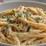 One pot creamy garlic pasta with Parmesan cheese and fresh parsley served in a large skillet