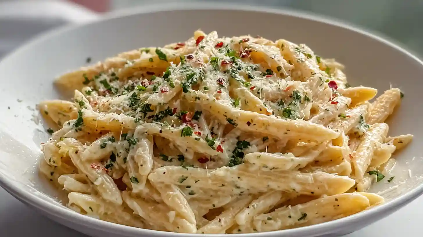 One pot creamy garlic pasta with Parmesan cheese and fresh parsley served in a large skillet