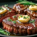 Pan Seared Steak with Garlic Butter juicy ribeye New York Strip in cast iron skillet topped with melted garlic herb butter fresh thyme rosemary and black pepper